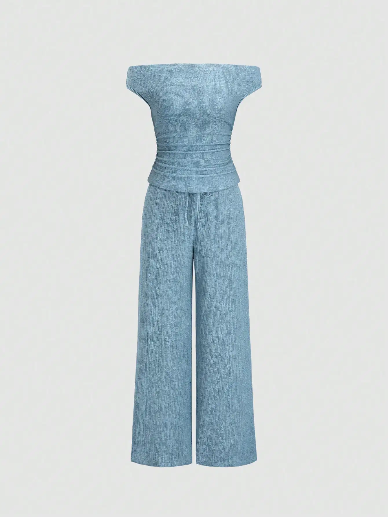 

Off Shoulder Top And Drawstring Wide Leg Pants Set Casual Two Piece Set