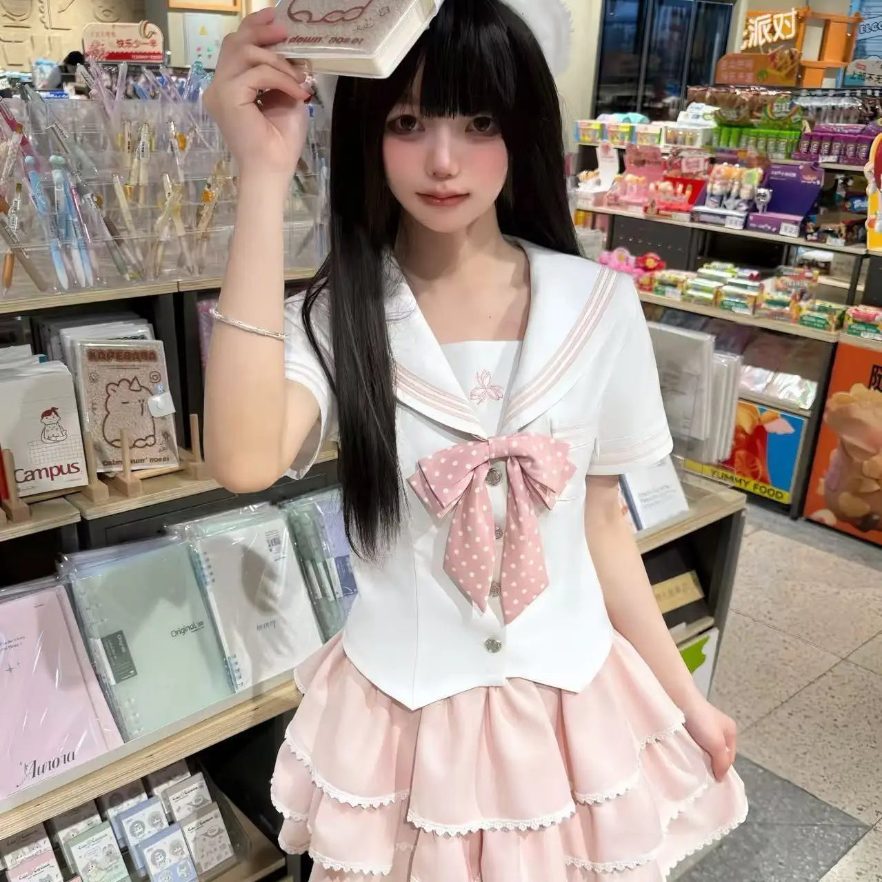 NONSAR Nieuwe 2025 Japanse Zoete Uniform Set Vrouwen Y2k Boog Sailor Kraag Korte Mouw Slanke Top Kawaii Roze Bladerdeeg Initial cake Rok