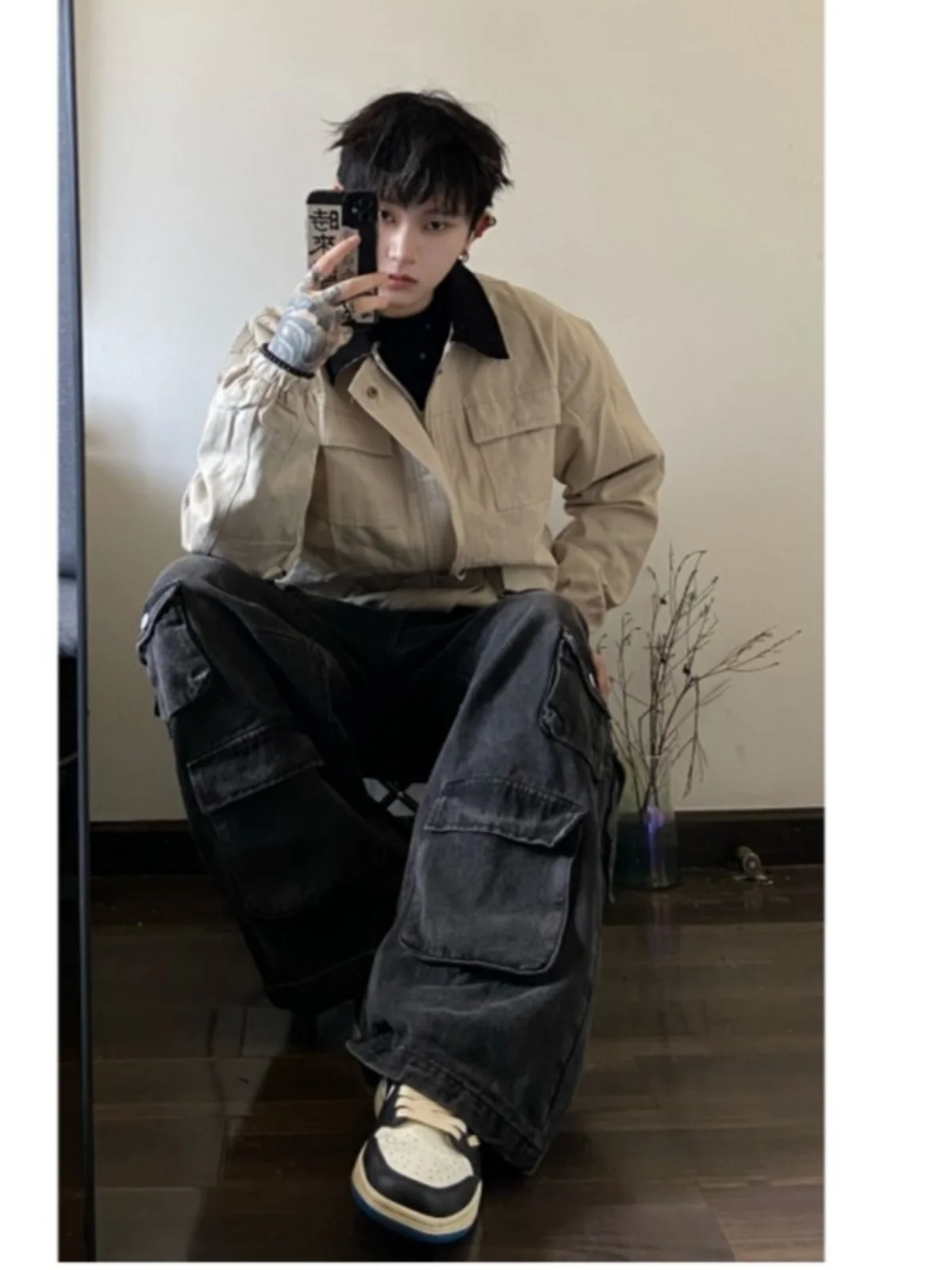 

American Retro Khaki Workwear Jaet Men's Spring Autumn Sle Vintage Detroit Collar ort Men's Jaet Youth Trend