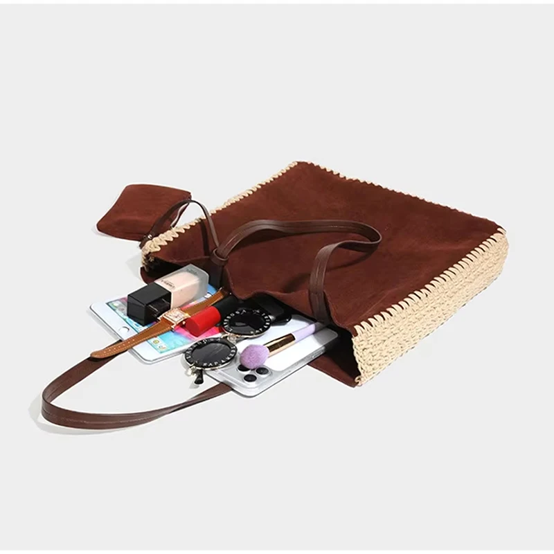 Vintage-Umhängetasche aus Kunstwildleder mit passendem Portemonnaie, Damenhandtasche mit Häkelspitzenbesatz, elegante Colorblock-Tragetasche für Herbst und Winter – Detail 3