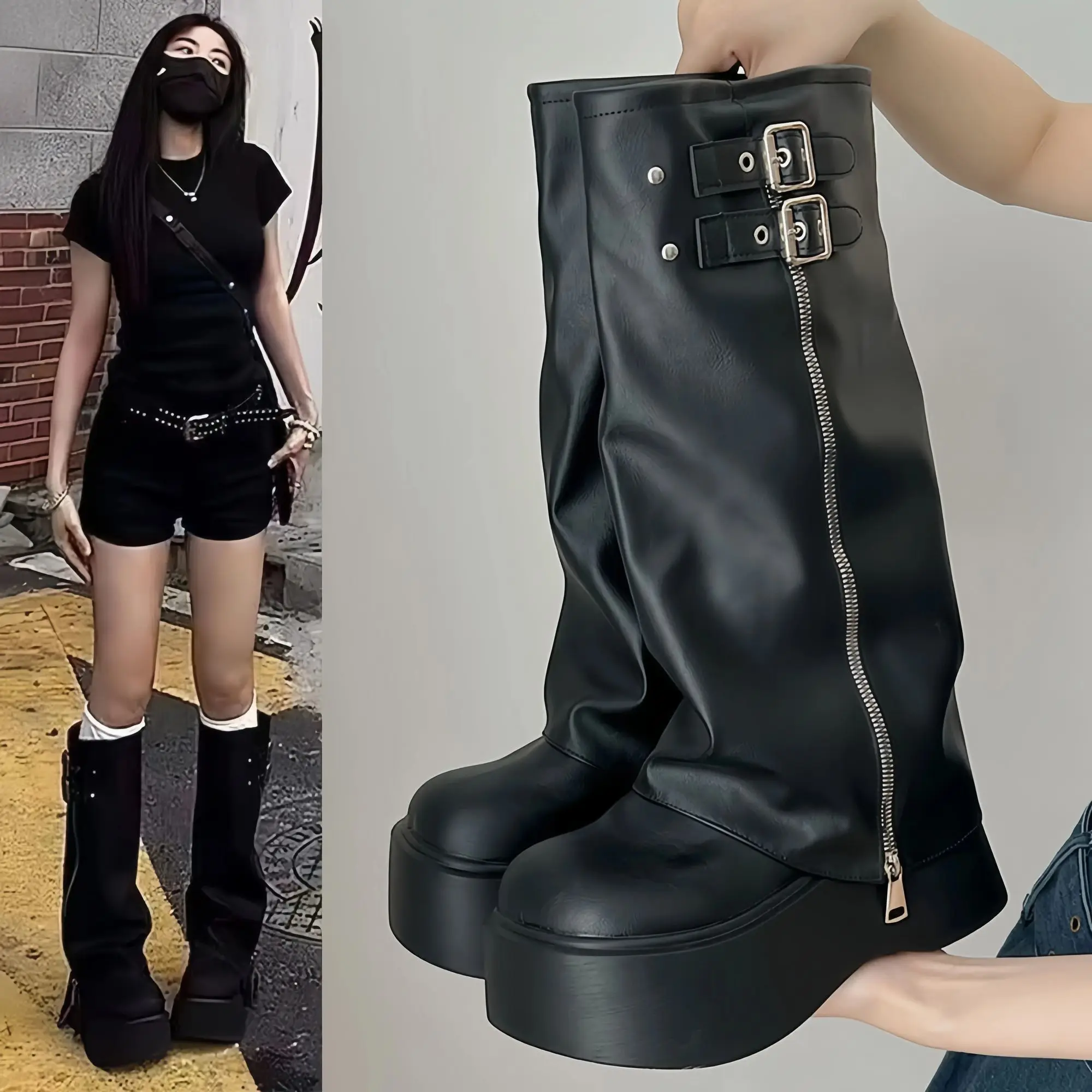 New Tube Boots 2026 Women's Platform Boots Autumn Winter Retro Belt Buckle Rivet Boots Korean Hot Girl Motorcycle Rider Boots