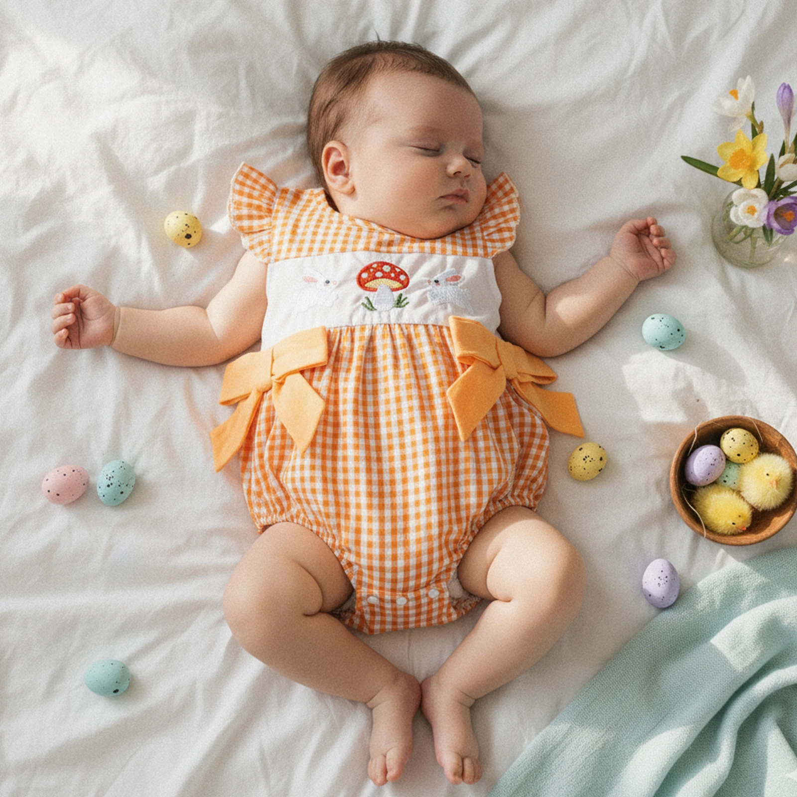 Summer Easter Infant Baby Girls Plaid Bodysuit Cute Bunny Embroidery Flying Sleeve Jumpsuit Clothes