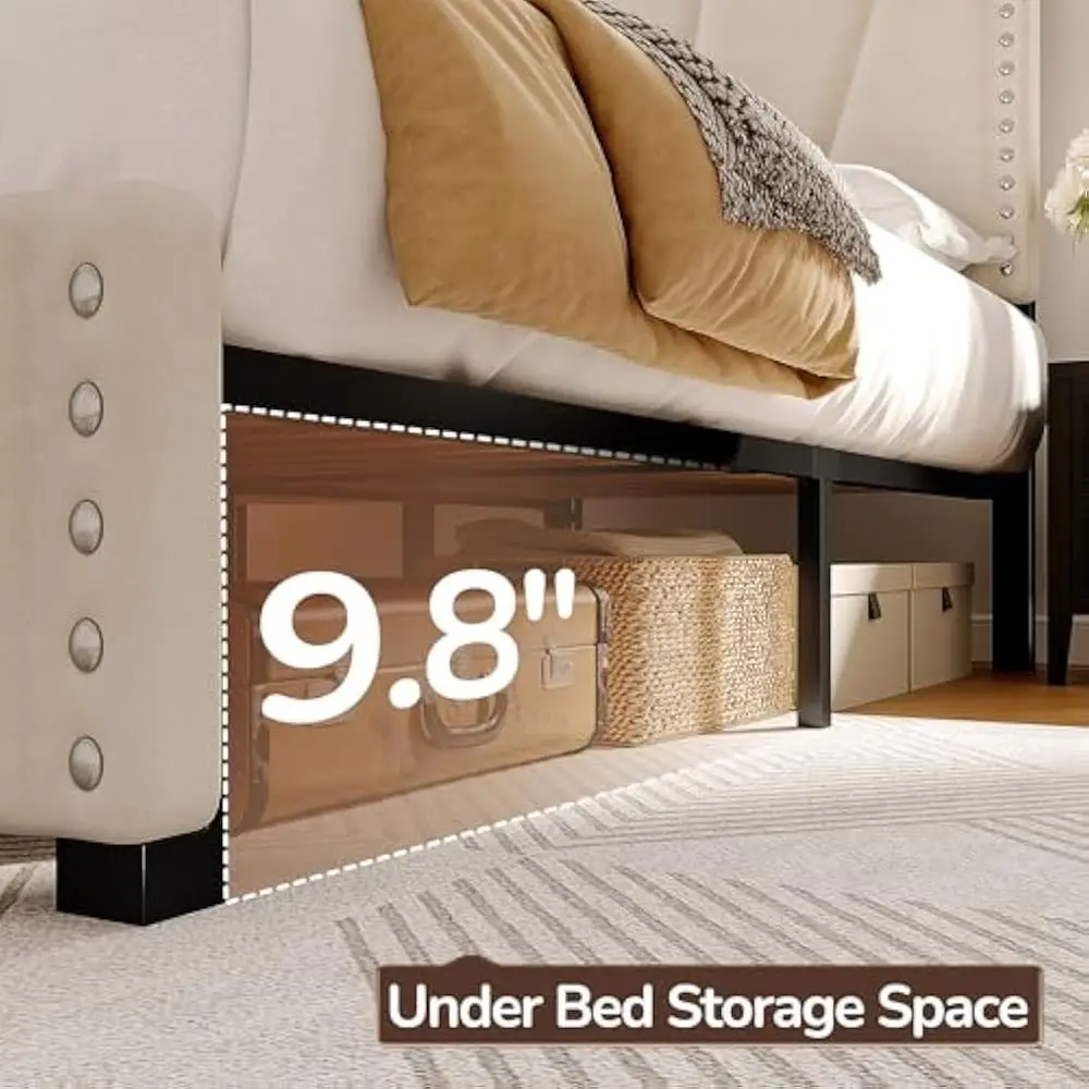 LED Bed Frame, Velvet Storage Headboard with Charging Station, Easy Assembly Bed Frame w/Sturdy Wooden Slats Support, Noise-Free image 5