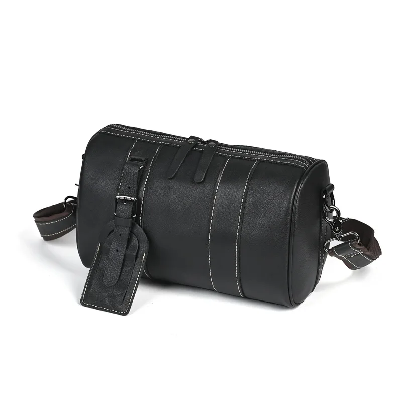 Men's Genuine Leather Crossbody Bag - Handmade First Layer Cowhide Pillow Sling Bag, Minimalist Cylinder Shoulder Purse
