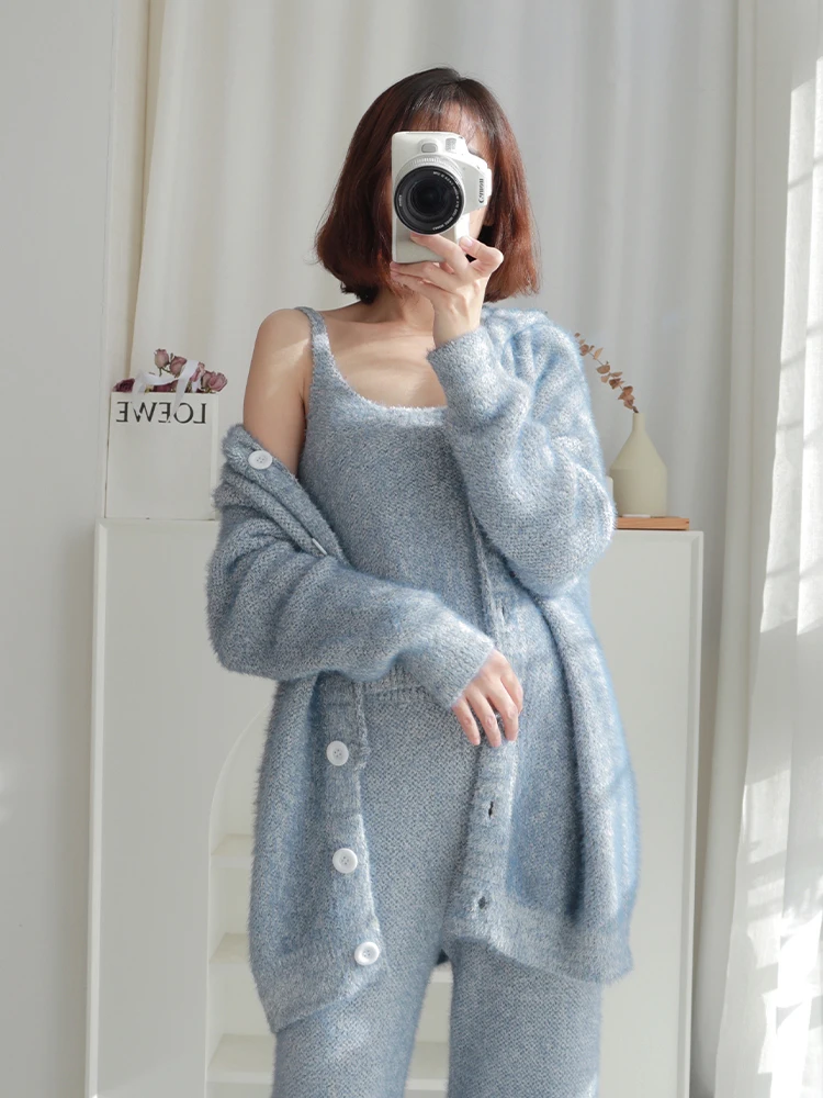 

Three-piece Pajamas Set Winter New Thick Flannel Imitation Mink Velvet Hooded Nightwear Warm Kawaii Pyjamas Loose Home Clothes