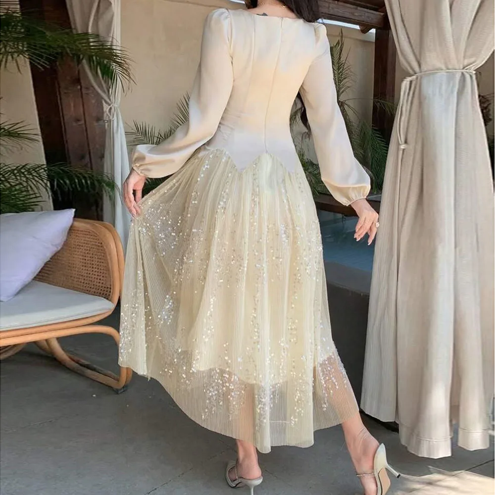 Abiti da sera a trapezio personalizzati Abito da ballo a maniche lunghe con colletto quadrato lungo fino al tè Abito da festa drappeggiato con paillettes alla moda semplice