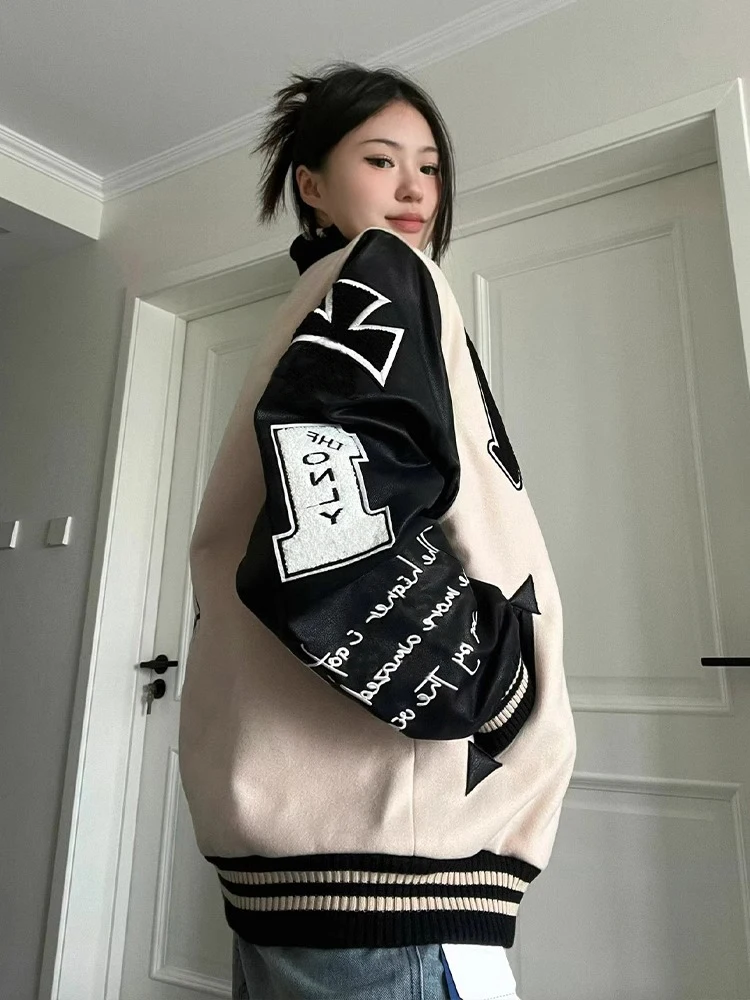 Jaet de Baseball rétro américain pour femmes, automne hiver, en cuir PU, coupe ample, Patchwork, haut Cleanfit, vêtements d'extérieur pour Couples