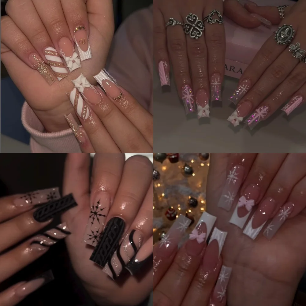 

Christmas Press On Nails Handmade Square Fake Nails, Painting French 3D Snowflake Art Design Reusable 10 Pcs Acrylic Nails Kit