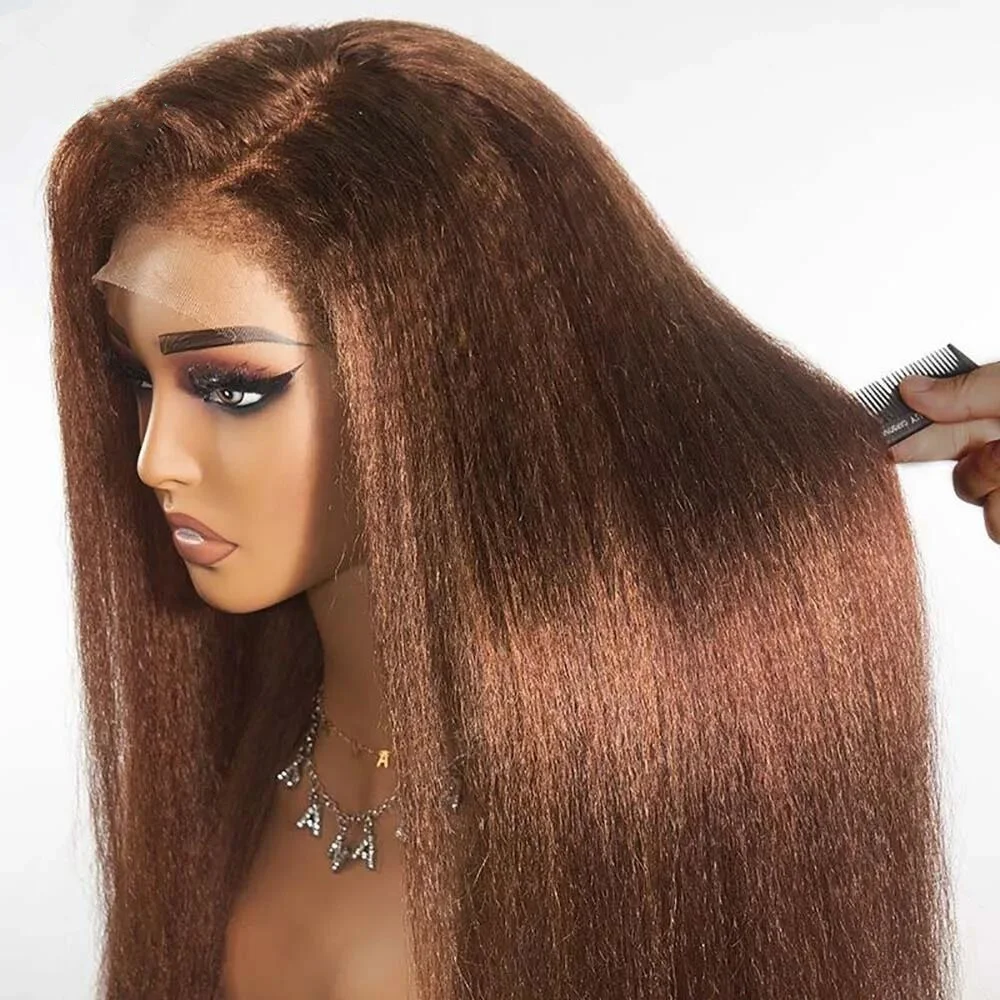 

#4 Chocolate Brown Lace Front Wigs Kinky Straight 100% Human Hair Pre Plucked 200% Density 13x6 HD Lace Frontal Human Hair Wigs