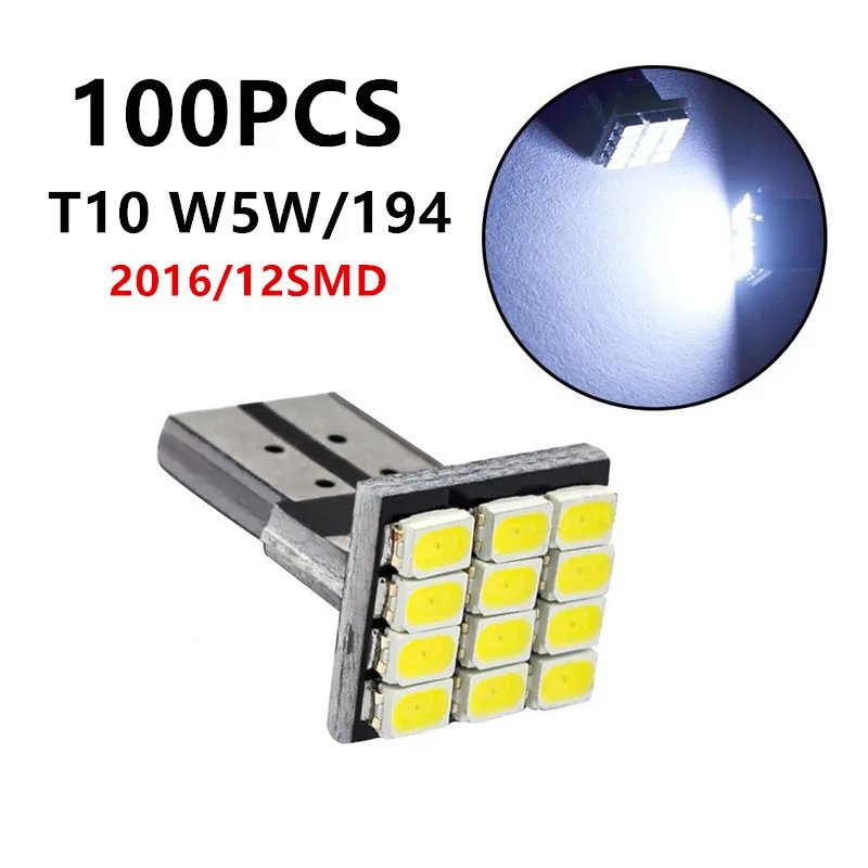 

100 шт. T10 W5W 194 светодиодная лампа CANBUS 2016/12smd 12 В для салона автомобиля, лампа для чтения, габаритные огни, лампы для номерного знака, купольный сигнал