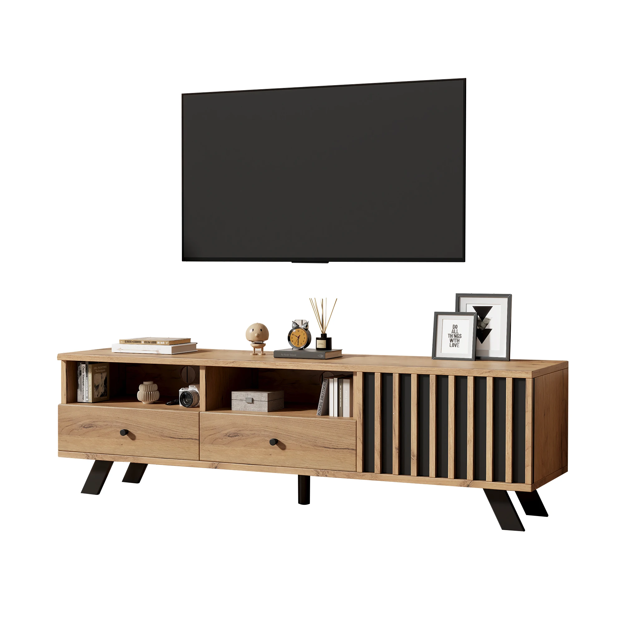 TV-meubel 150 cm met 2 laden en 1 kast-2 vakken, voor tv 60 inch, natuurlijk agglomeraat hout en zwart - afbeelding 2