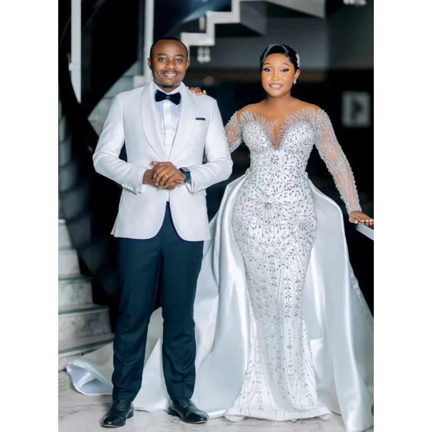 

2026 Customized Luxury Sparkling Mermaid Wedding Dress Satin Long Sleeve Crystal Beaded Bride Dress Detachable Tail