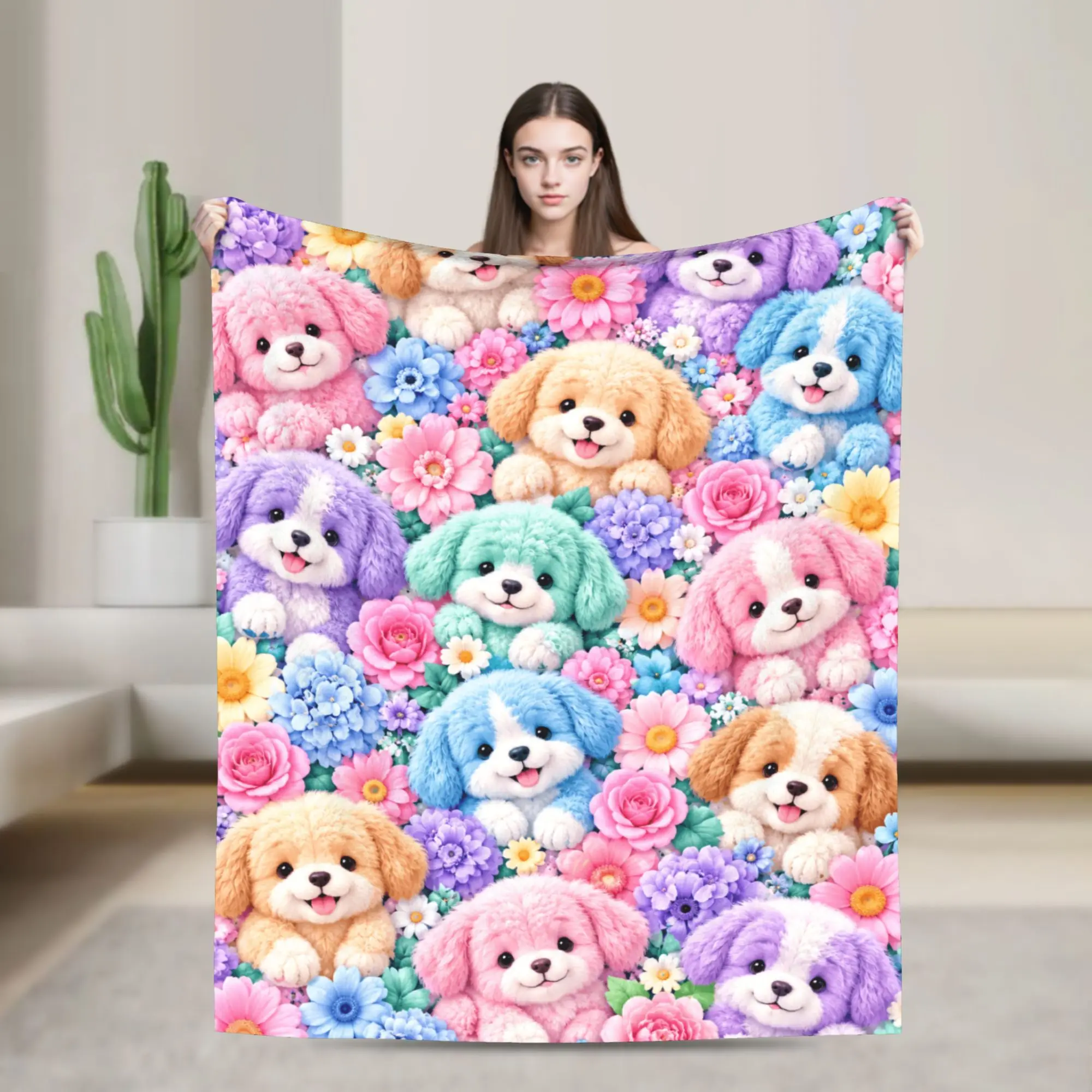Cute Plush Puppies Surrounded By Bright Flowers Blanket Quality Warm Comfy  Throw Blanket Spring Camping Living Room Bedspread