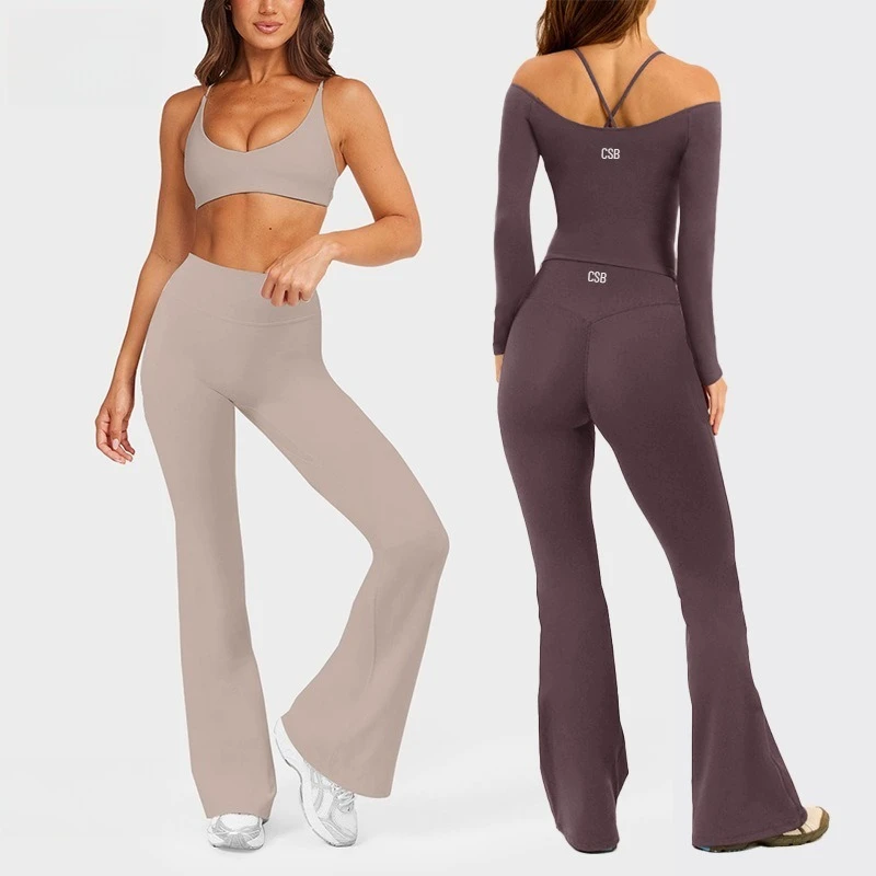 Conjunto de Yoga CSB Free-Match: Top Sem Costura com Decote U Profundo e Calças Flare de Cintura Alta, Perfeito para o Conjunto de Fitness Cym