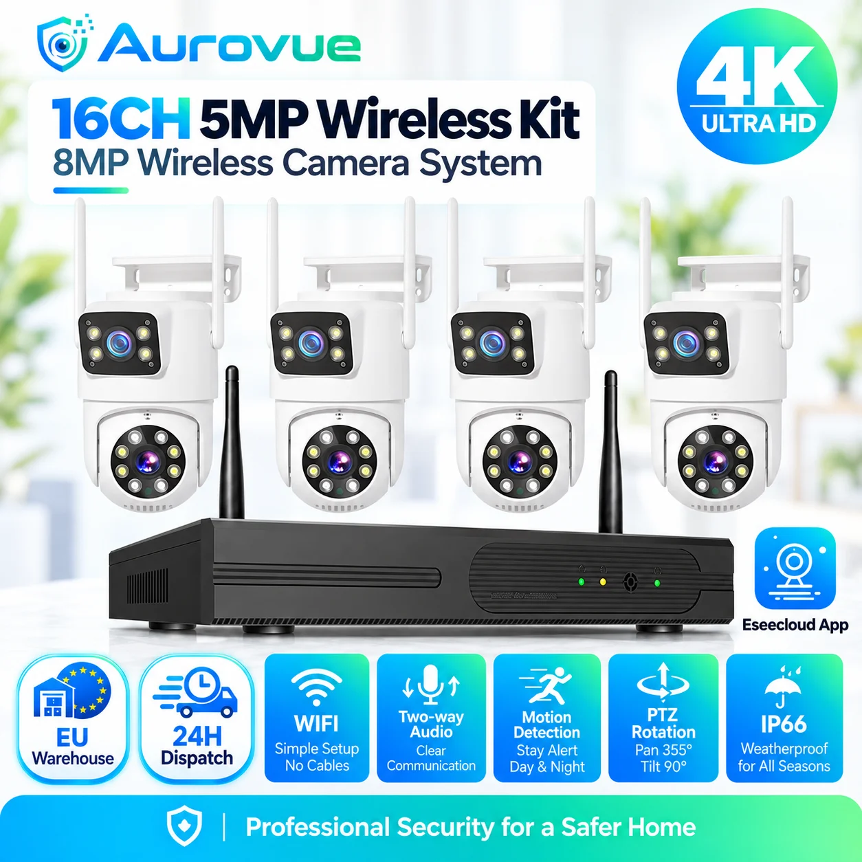 8MP WiFi Sicherheitskamerasystem mit 16CH 5MP NVR, Dual-Lens PTZ-Kameras, Bewegungsmeldungen, Zwei-Wege-Audio, Farbnachtsicht, IP66 Outdoor 355 °   Herr 90 °   Neigbare Plug-and-Play EseeCloud App