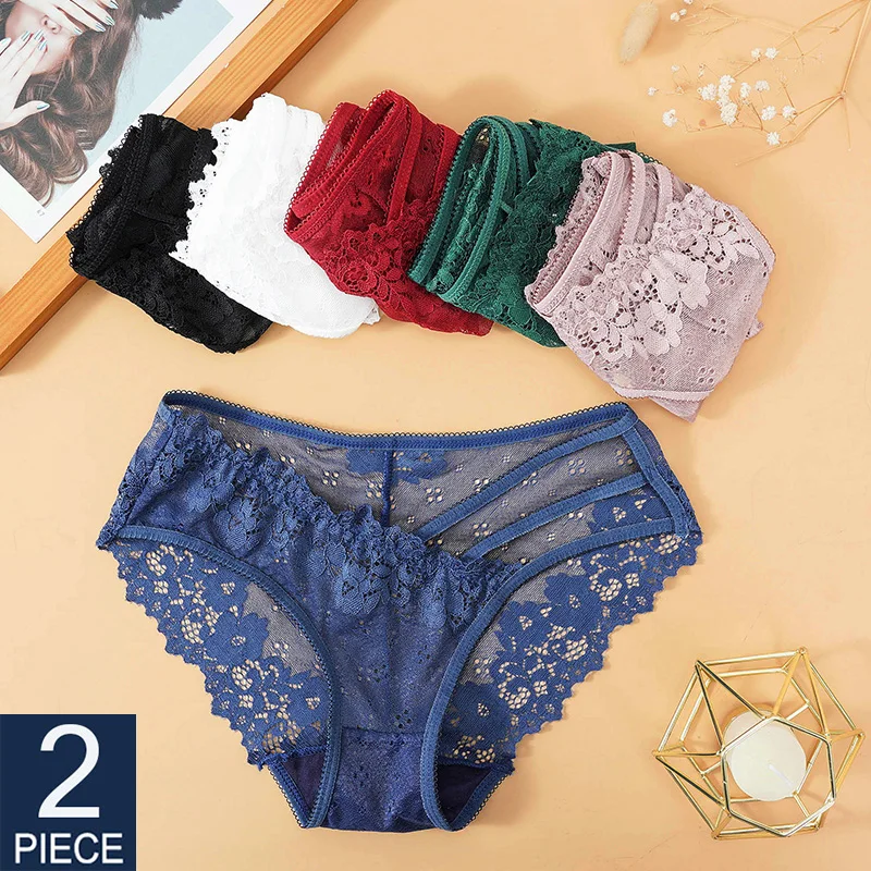 2PCS/SET New Panties Women Lace Underwear Sexy Low-Waist Briefs Floral Female Lingerie Transparent Hollow Out Intimates