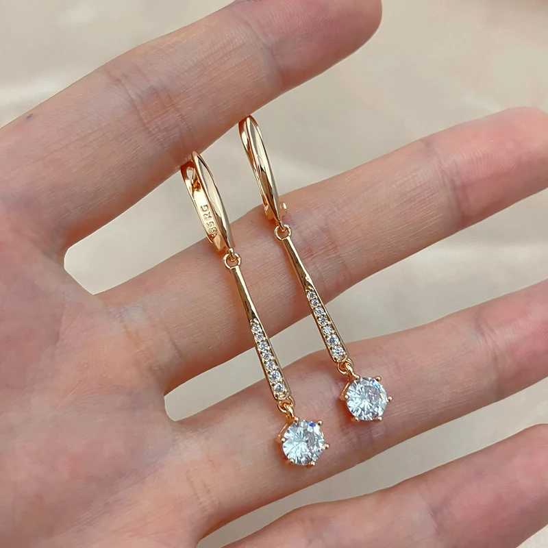 SYOUJYO New Luxury Long Pendant Earrings For Women 585 Gold Color Natural Zircon Micro Wax Mosaic Daily Simple Fashion Jewelry
