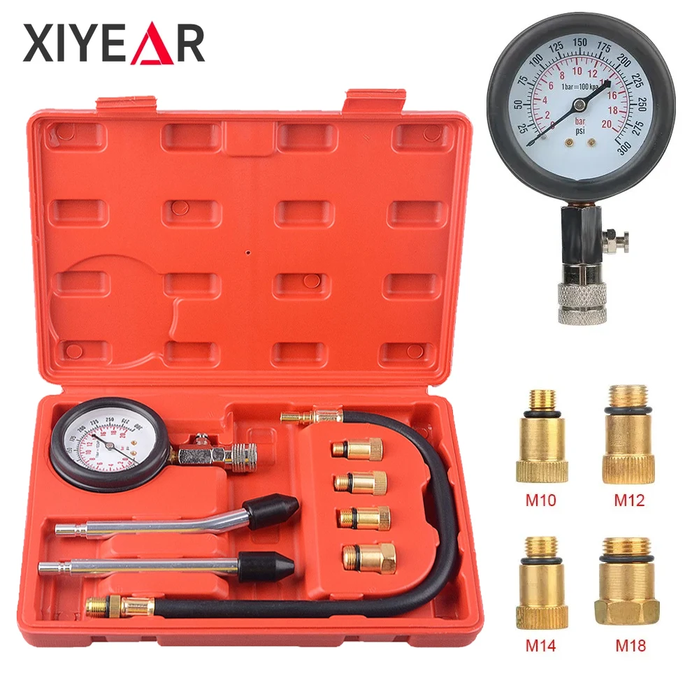 8pcs Petrol Engine Cylinder Compression Engine Pressure Gauge For Auto Petrol Gas Universal in-Line Spark Plug Engine Tester Kit