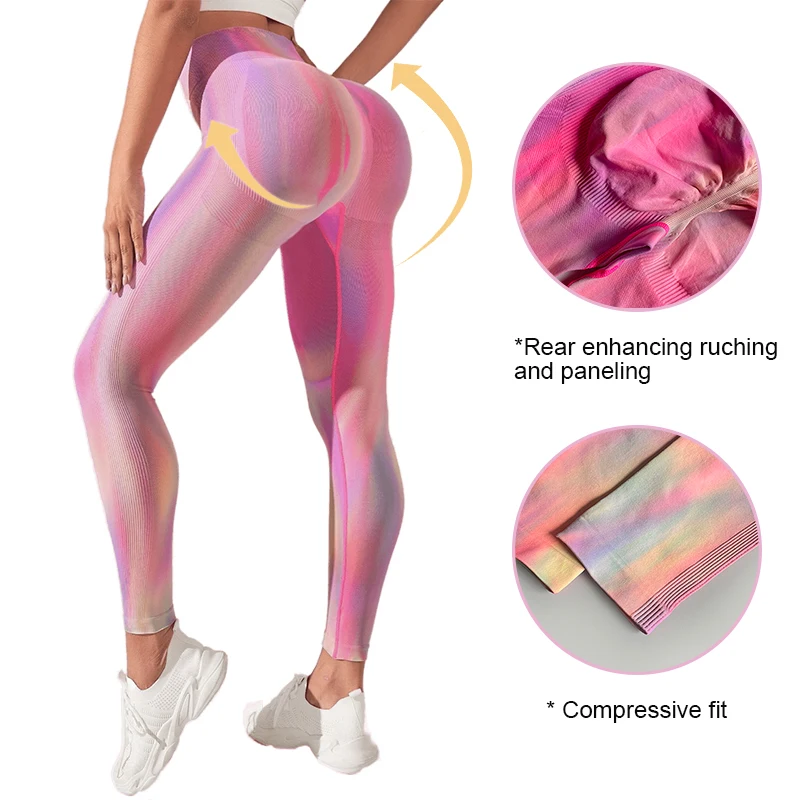 Leggings esportivas tie dye com gradiente para ioga femininas sem costura cintura alta push up leggins mujer para treino de fitness