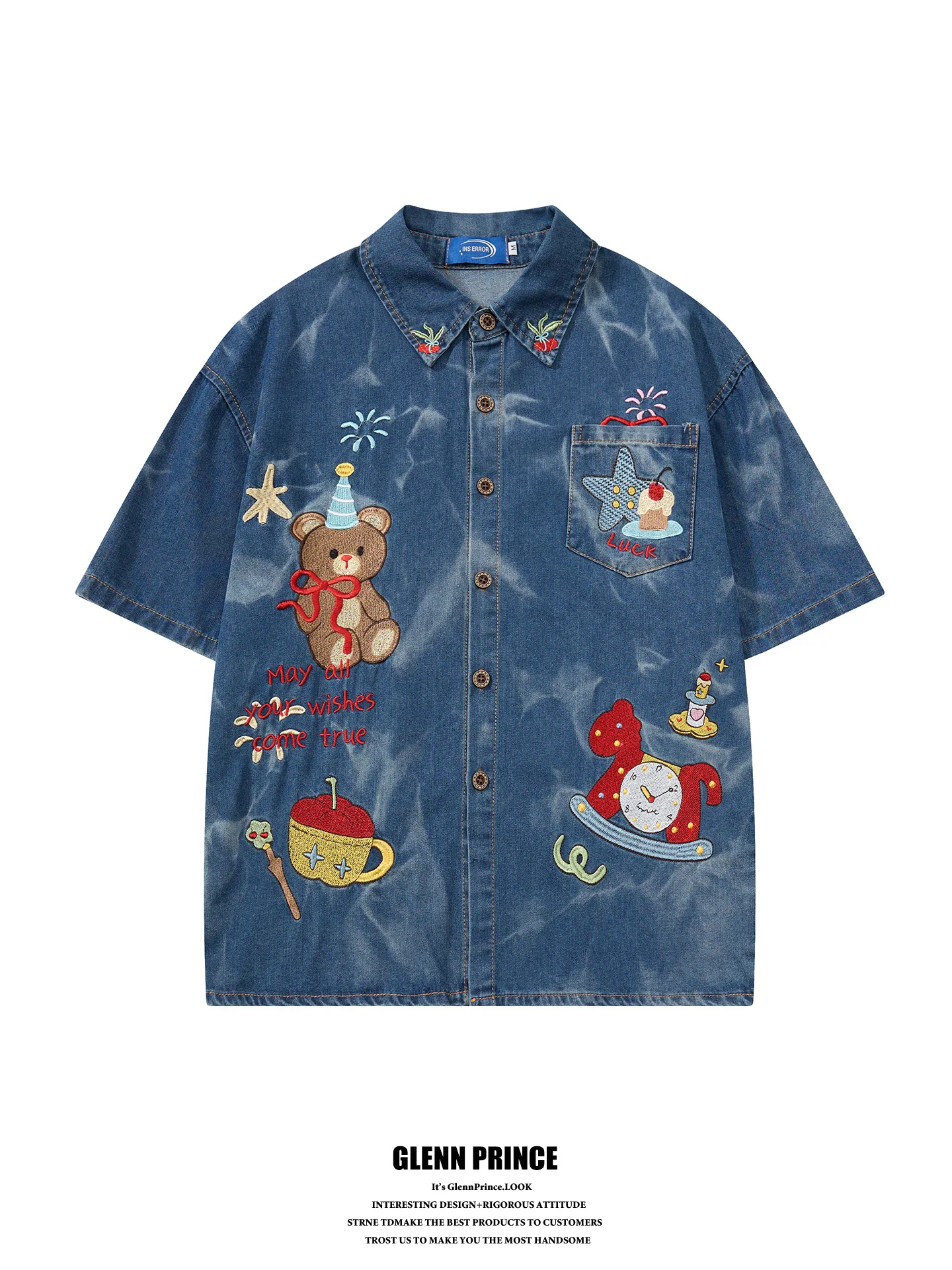 

GPstudio Retro Bear Embroidery Denim Short Sleeve Men's Casual Shirt Summer Design Sensation Youth Cotton 100% Breathable