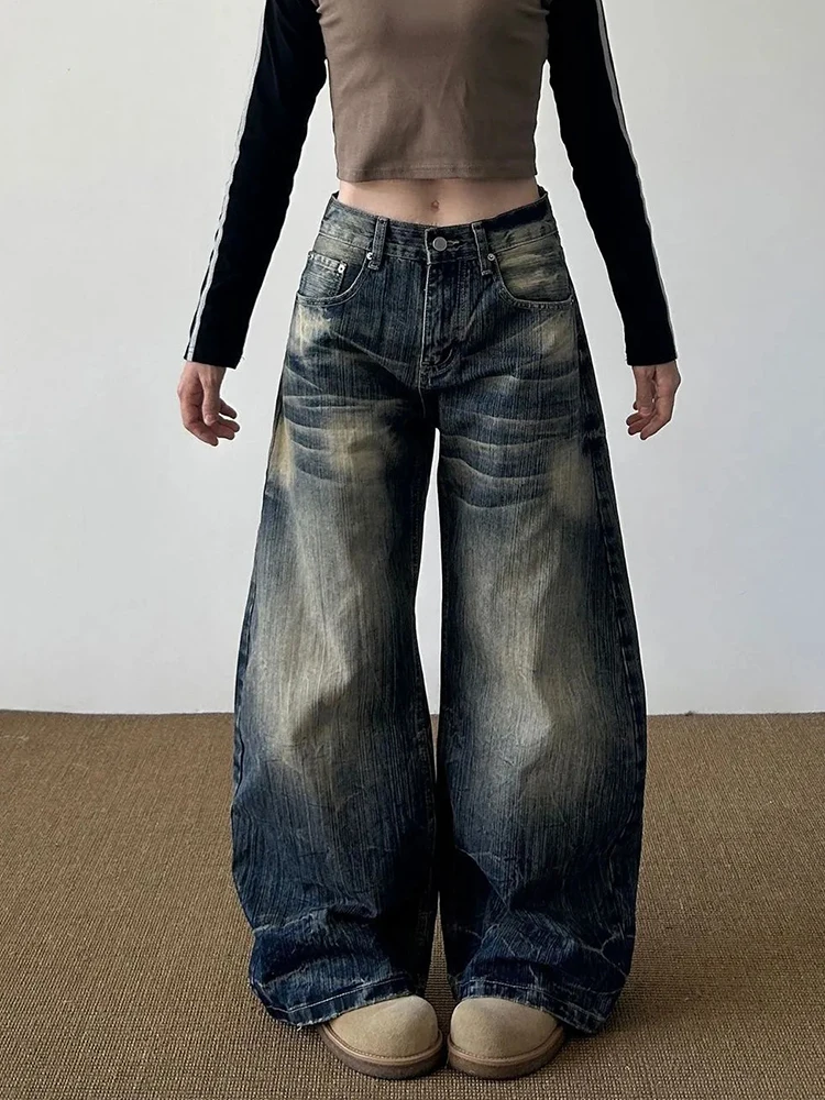 Jeans vintage invecchiati da donna Primavera Vita bassa Streetwear Pantaloni scimitar larghi Bf Pantaloni hip-hop americani tutti abbinati in denim