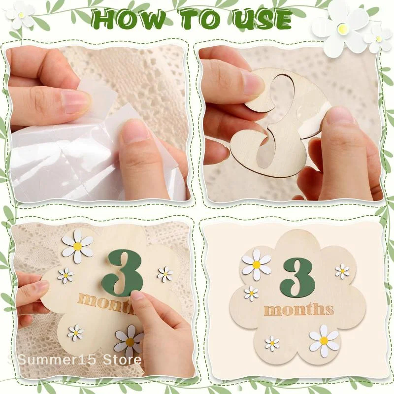 【R】Wooden Baby Monthly Milestone Cards Flowers Double Sides Number Month Girls Boys Newborn Photography Props Accessories