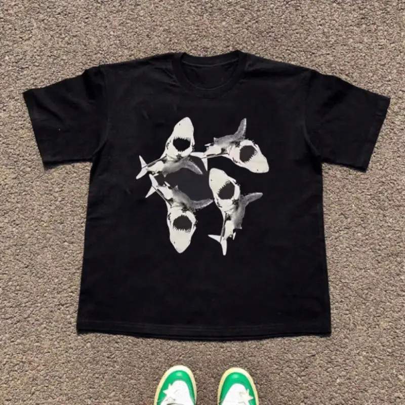 

American Hip-hop Shark Couple Oversized Loose Fitting Men's and Women's Couple Short Sleeved T-shirt