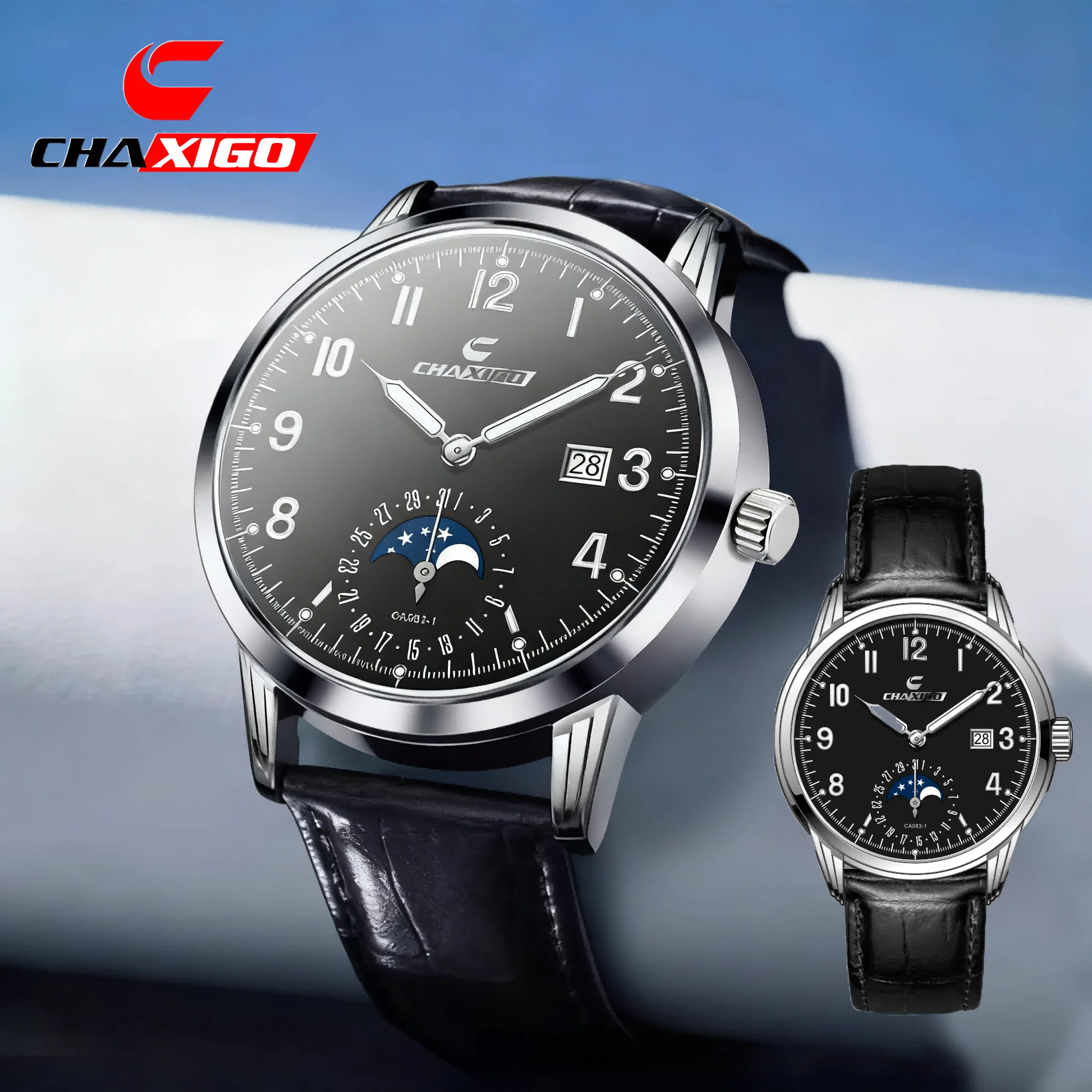 

CHAXIGO Simple and stylish men's and women's genuine leather strap thin watch 40mm calendar display 30 meters water resistant