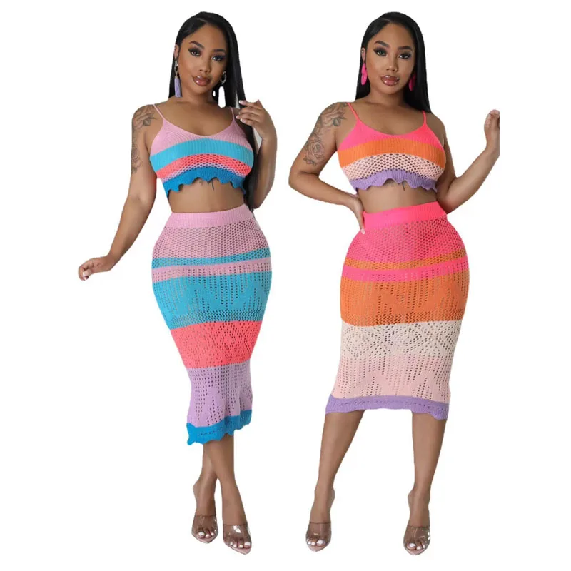 Knitted Colorful 2 Piece Set Beach Outfits Sexy Halter Top and Skinny Dress Hand Crochet Summer Beach Dress