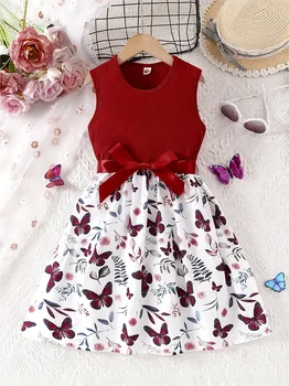 Girl Sweet butterfly print sewn sleeveless dress with bow belt, holiday/casual outing, summer gift 1