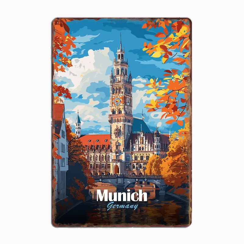 

Munich Cityscape Painting Travel City Poster Metal Sign Mural Plates Club Tin Home Decor Room Decoration Wall Decor