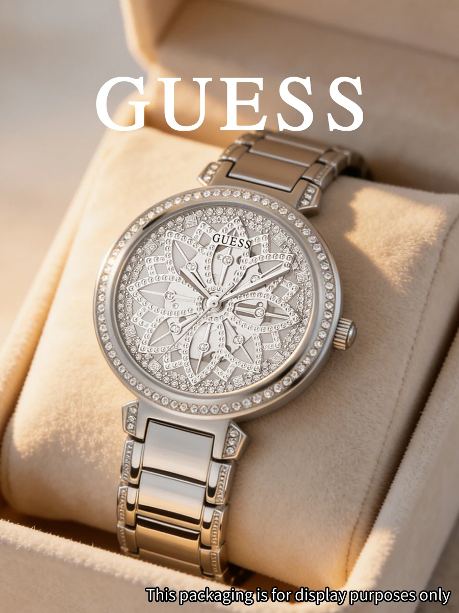 Guess Women’s Floral Analog Watch, Silver Crystal Bezel Stainless Steel Bracelet GW0528L1