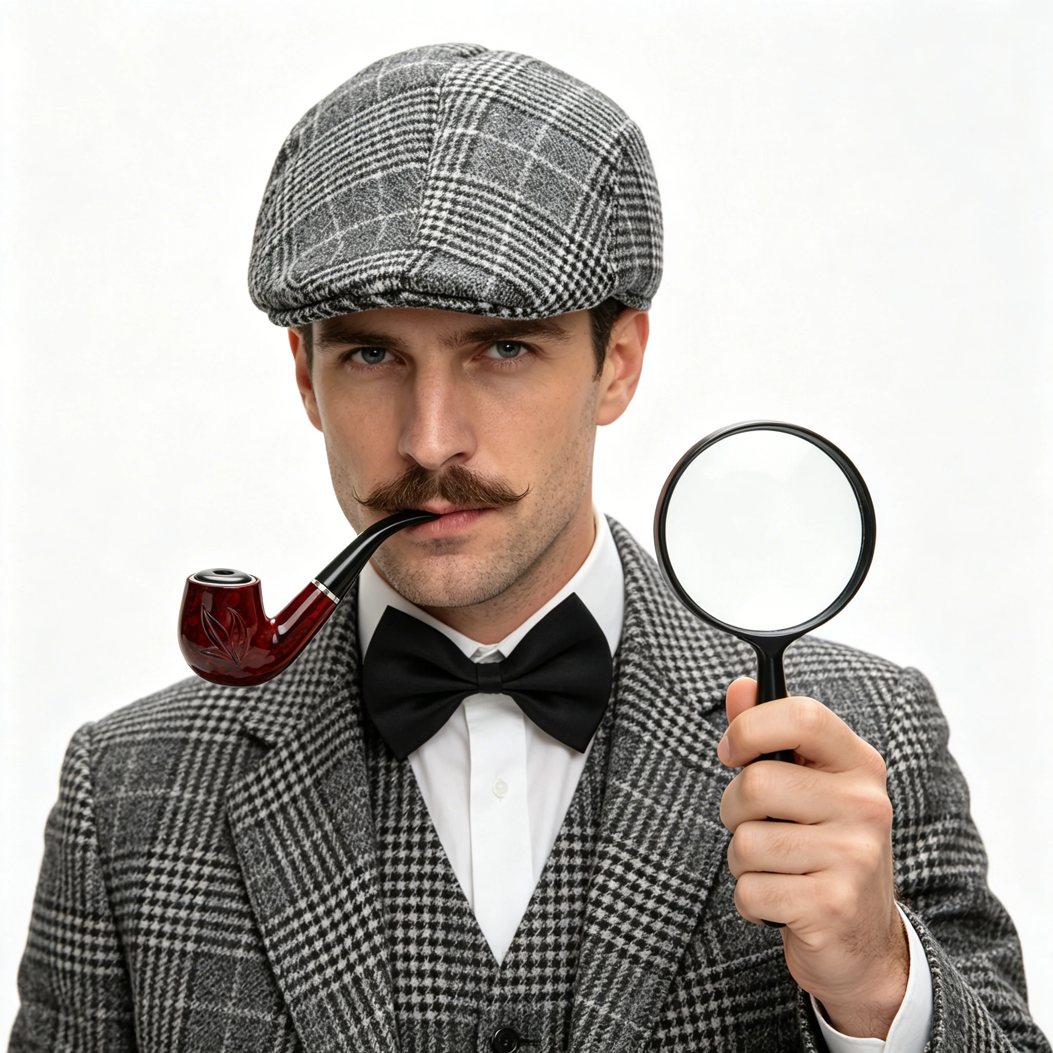 4Pcs Detective Costume Accessories Set - Plaid Newsboy Hat, Black Bow Tie, Fake Pipe & Magnifying Glass for Men Sherlock Holmes