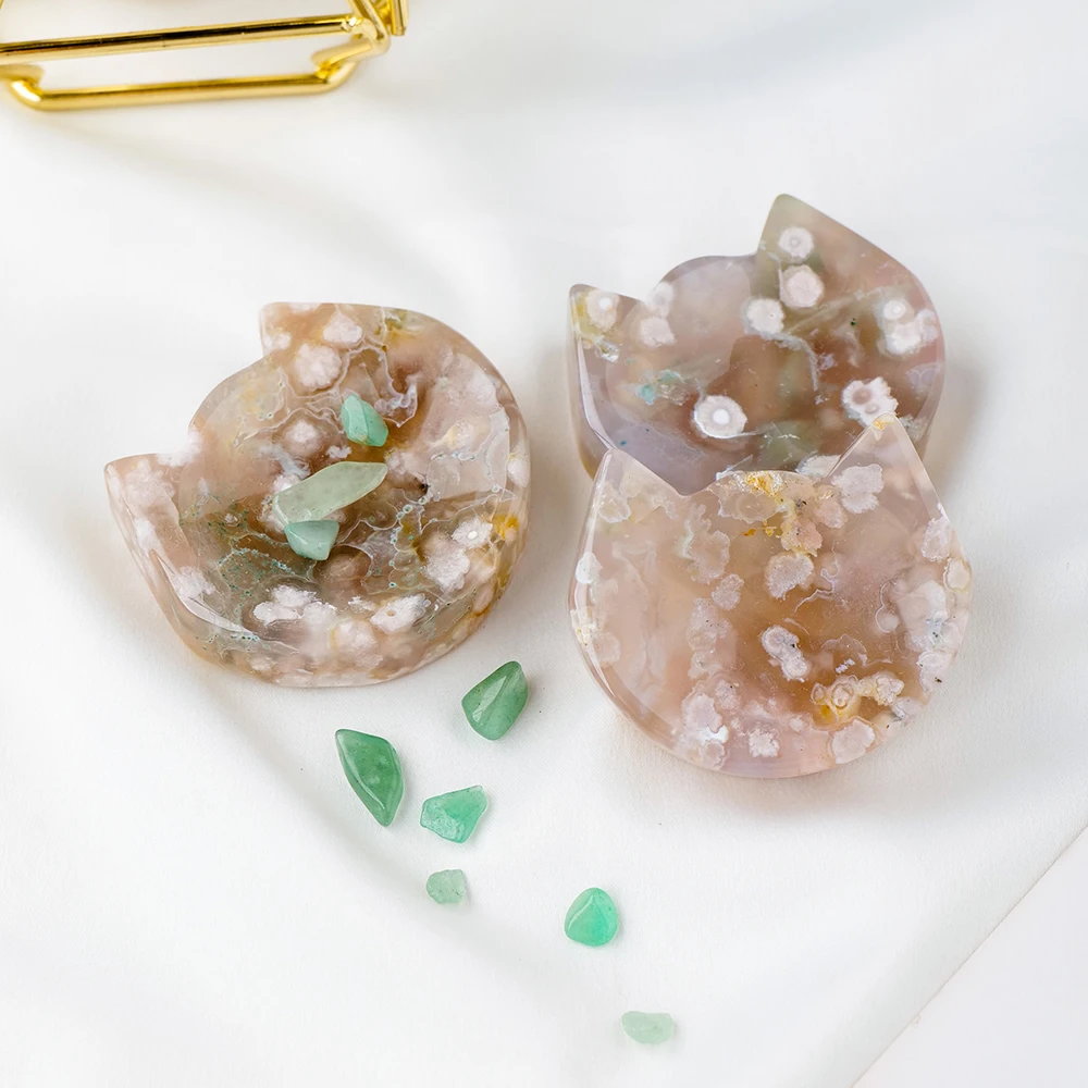 Natural Sakura Agate Cavring Cherry Agate Crystal Bowl Reiki Chakra Healing Crystal Plate Polishing Minerals Home Bowls Decor
