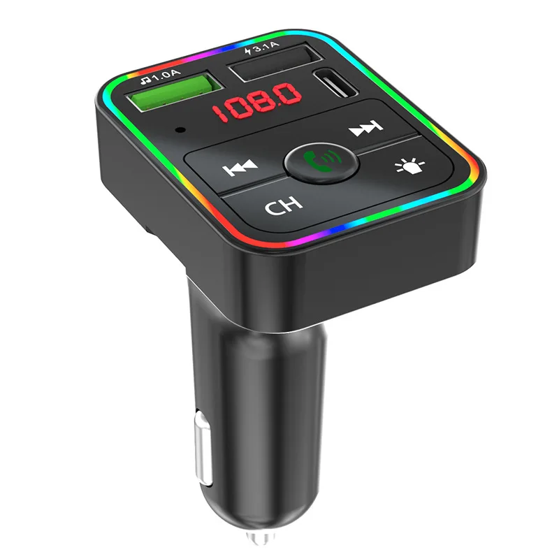 F2 Ambient Light Bluetooth 5.0 FM Transmitter Car MP3 Player Wireless Handsfree Audio Receiver Dual USB Type-C Fast Charge
