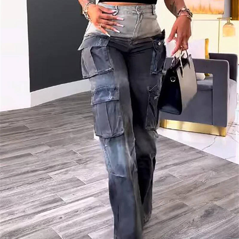 2025 Tie-dyed Jeans Women's Safari Style Denim Wide-leg Trousers Spring Autumn Multi-pocket Gradient Color Streetwear Lady Jeans