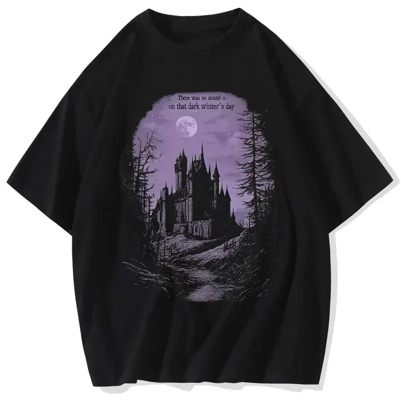 Y2K Hip Hop Washed Black WomenT-Shirt Streetwear Vintage Purple Graphic Horror Castle T Shirt Cotton Men Tops Tees Unisex