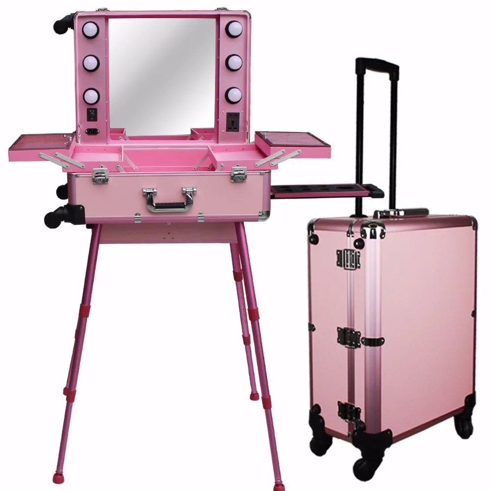 Large Pink Rolling Studio Makeup Artist Train Case with Light Cosmetic Case