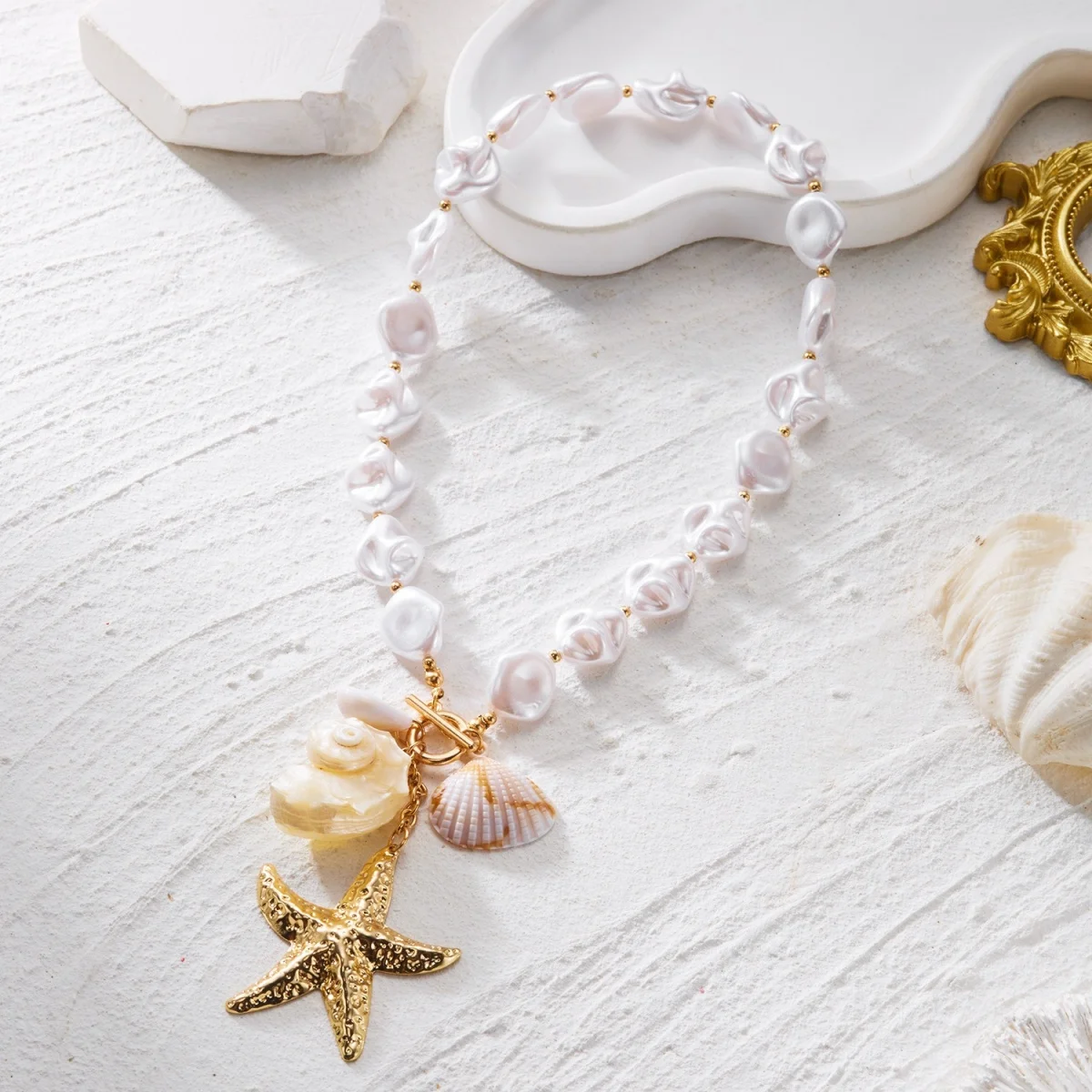 Boho Barock Unregelmäßige Imitationsperlen Muschel Seestern Anhänger Halskette für Damen und Herren Sommer Strand Urlaub Choker Schmuck – Detail 8