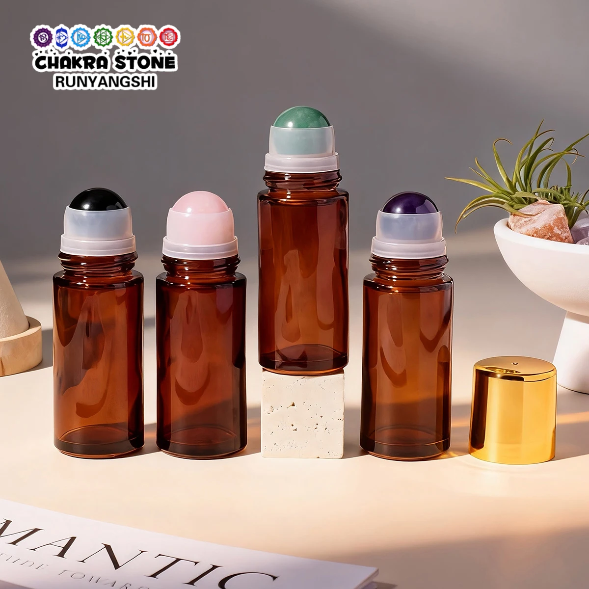 

5pcs Natural Crystal Ball Roller Bottle, Essential Oil Refill Bottle, Amber Light-proof Bottle, Travel Sub-bottle, Festival Gift