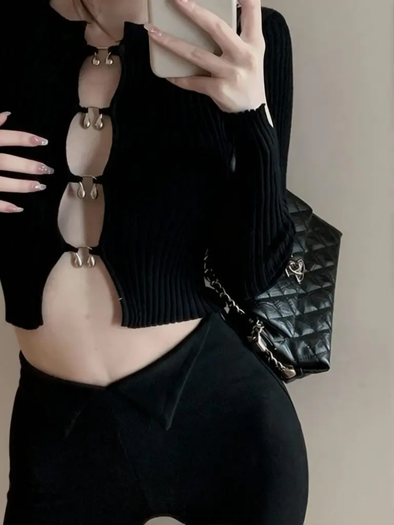 Sexy Hollow Out Long Sleeve Knit Crop Top Women Chic Stretch Black Basic Tee Skinny Crewneck Streetwear Y2k T Shirt Sweet Hot
