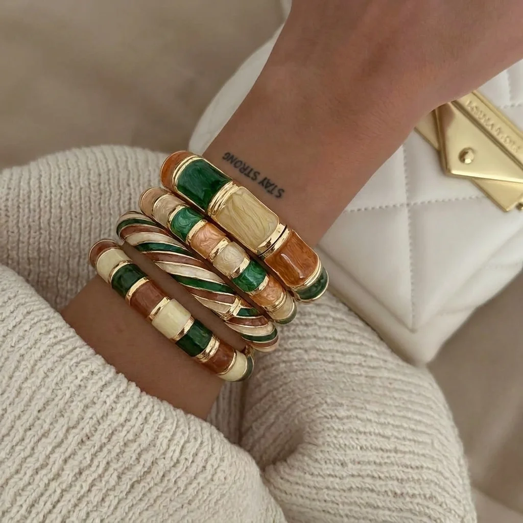 Retro Drip Oil Brown Green Color Collision Enamel Bracelet for Ladies Autumn Versatile Stackable Wristband Jewelry Gift