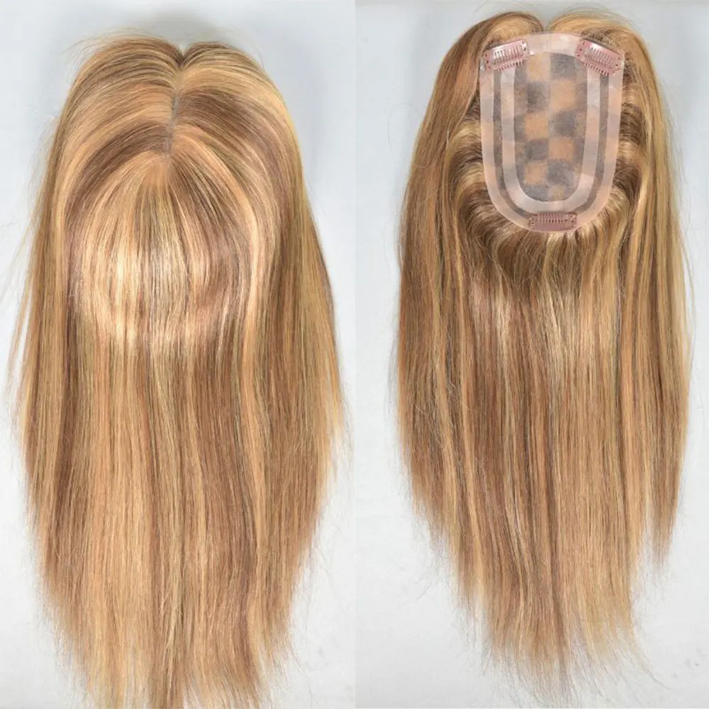 Women's Hair Piece Clip-in Human Hair Toppers for Women Straight Brown Highlight Mono Lace PU 4x6inch No Bangs 14'' Real