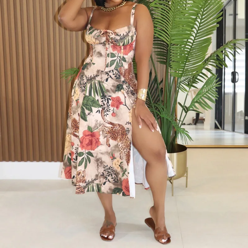 Slergiri Women's Floral Print Knot Front Cami Dress 2025 Summer Sexy Beach Vacation Elegant A-line Split Long Dresses