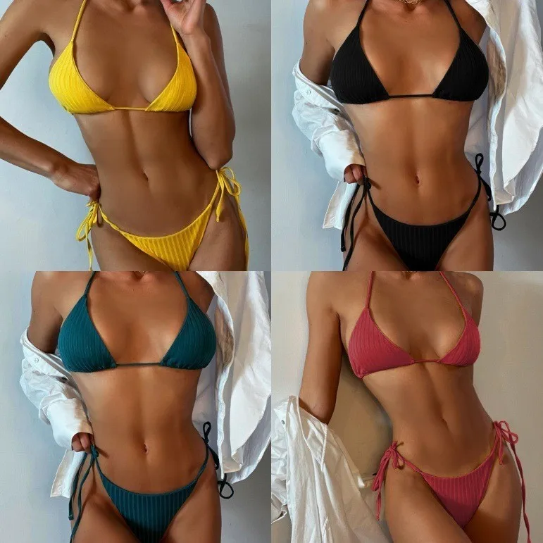 

Women's 2026 Bikini Yellow Triangle Bikinis Black Halter Neck High Cut Swimwear Teal Ribbed Strapless Two Piece Swimsuit