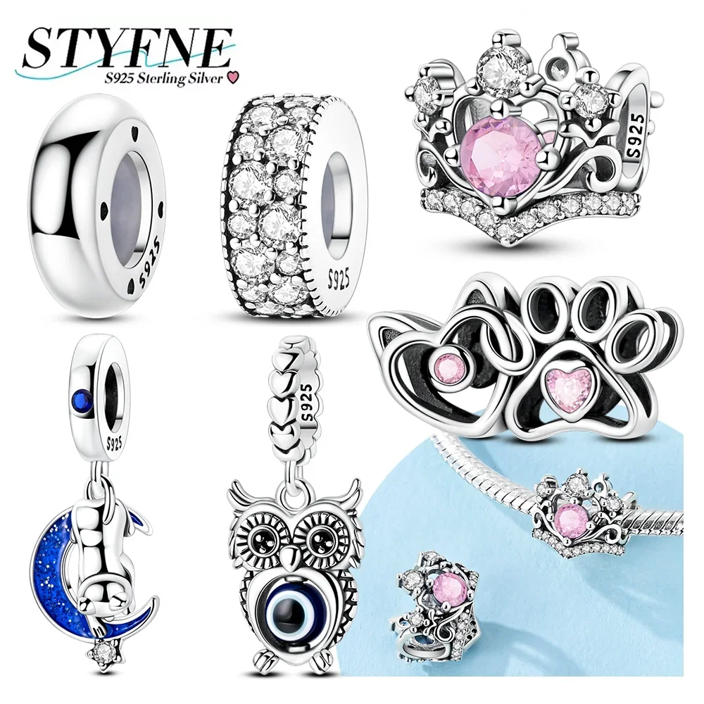 

New Charms 925 Silver Shining Zircon Crown Cat Claw Beads Owl Moon Cat Pendants Fit Bracelet Women DIY Fine Jewelry Gifts
