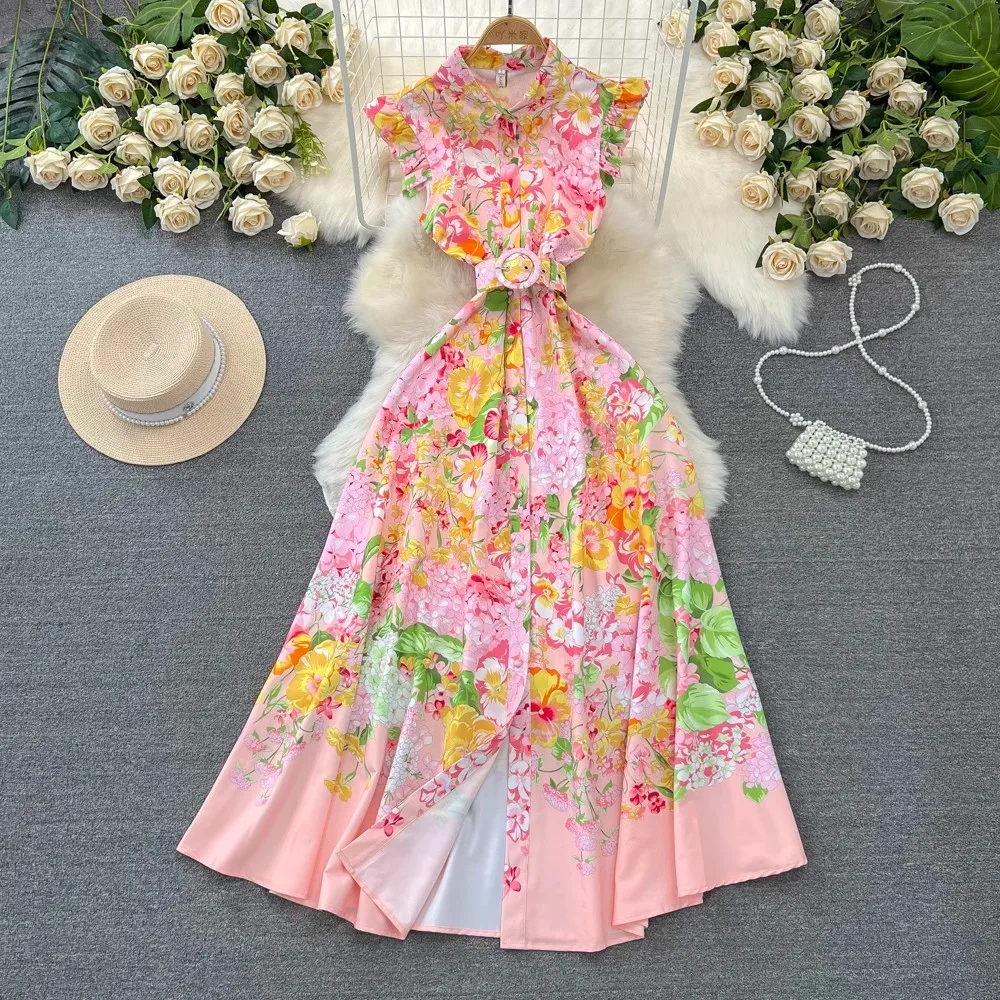 2024 New Summer Women Print Palce StyleTurn Down Collar Flying Sleeve Belt Single Breasted Boho Beach Holiday Dresses