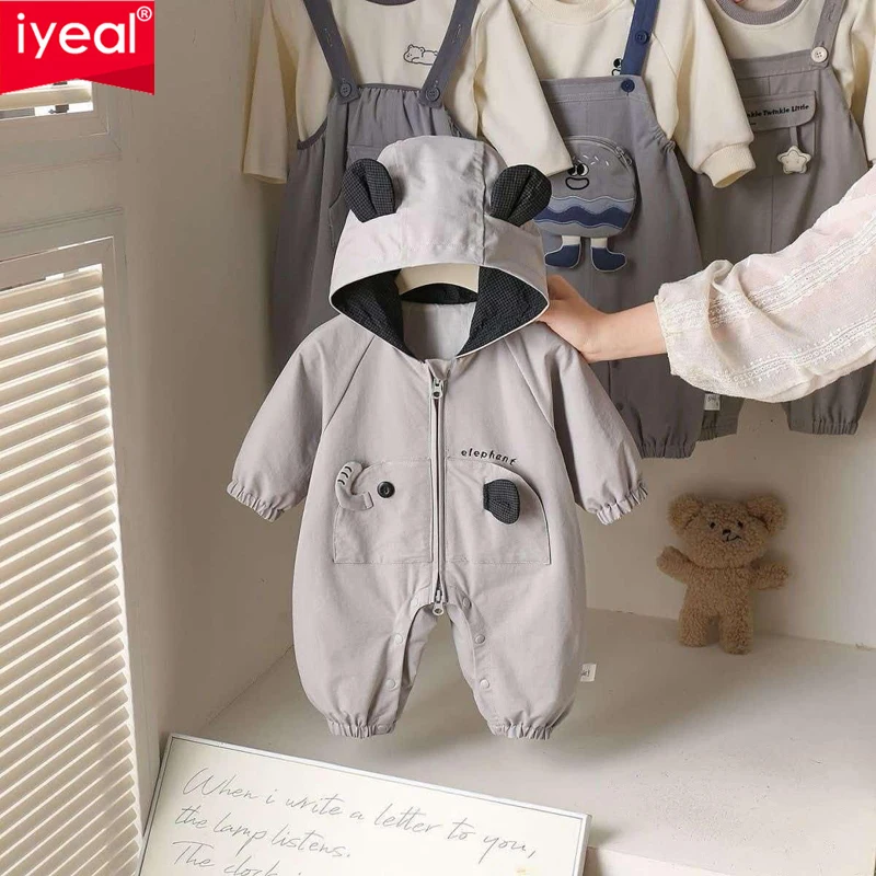 IYEAL Cute Elephant Ear Baby Hooded Romper, Zipper Long Sleeve Infant Jumpsuit, Cartoon Animal Newborn Fall Romper