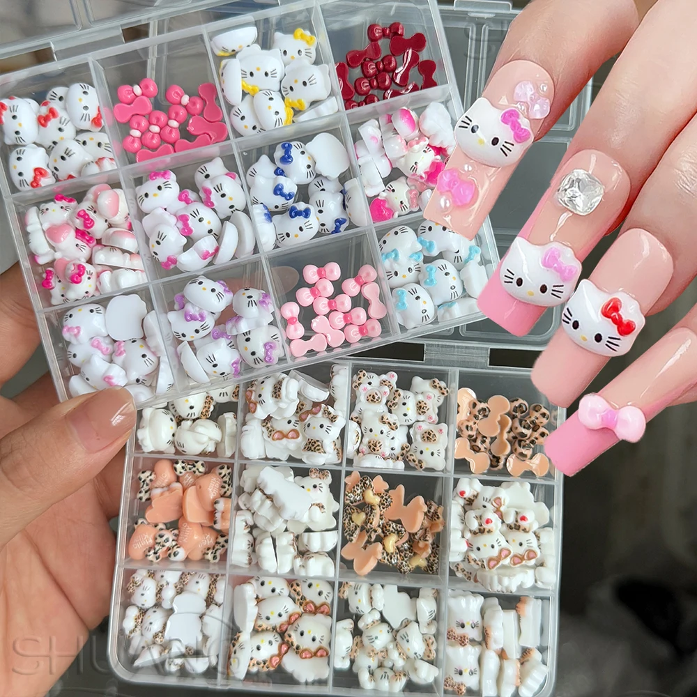 

12Grids 3D Cute Bow KT Head Nail Art Accessories Resin Cartoon Hello Kitty Nail Charms Flatback Leopard Print Kitty Cat Nail Dec