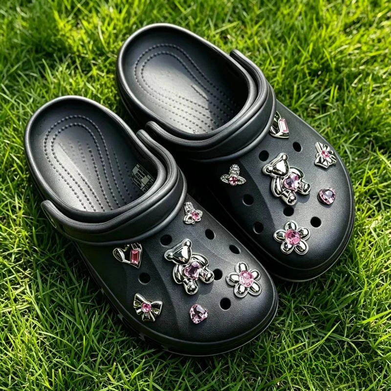 New Fashion Sweet Cute Girly Hole Shoe Charms Silver Plated Pink Diamond Heart Shoe Jewelry All-Match Flower Shoe Accessories